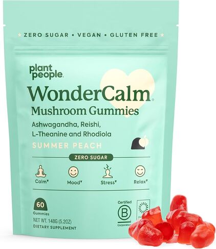 Plant People WonderCalm Mushroom Gummies - Natural Ashwagandha Supplement to Ease Stress & Boost Mood for Adults without Sugar, Gluten or Artificial Colors, Vegan-Friendly, Peach Flavor, 60 Count in Kuwait