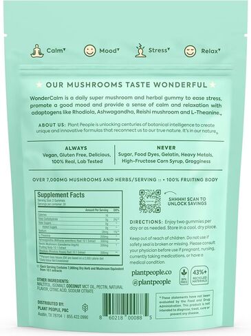 Plant People WonderCalm Mushroom Gummies - Natural Ashwagandha Supplement to Ease Stress & Boost Mood for Adults without Sugar, Gluten or Artificial Colors, Vegan-Friendly, Peach Flavor, 60 Count in Kuwait
