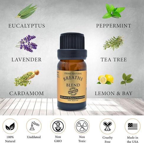 مزيج الزيوت العطرية للتنفس 118 مل - من برايم ناتشورال - صنع في الولايات المتحدة الأمريكية - درجة علاجية نقية غير مخففة للعلاج بالروائح والروائح والناشر - تخفيف الجيوب الأنفية والحساسية والاحتقان والبرد والسعال والصداع in Kuwait