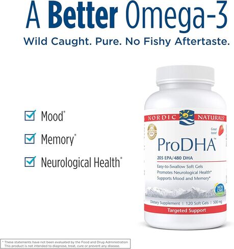 Nordic Naturals ProDHA، الفراولة - 120 كبسولة هلامية ناعمة - 830 مجم أوميغا 3 - تركيبة DHA عالية الكثافة للصحة العصبية والمزاج والذاكرة - غير معدلة وراثيًا - 60 حصة in Kuwait