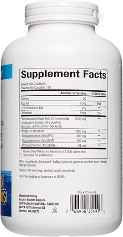 Natural Factors، زيت السمك RxOmega-3، درجة صيدلانية، 1260 مجم أوميجا 3 لكل حصة، بدون مذاق مريب، 240 قطعة (عبوة من قطعة واحدة) in Saudi Arabia