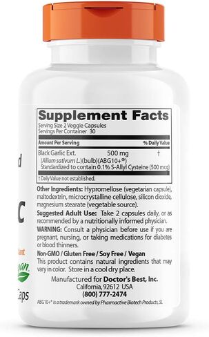 Doctor's Best Black Garlic Extract ABG10+ ® 250mg Supports Healthy Blood Pressure Cholesterol Boost Immunity Potent Antioxidant, 60 Count in Saudi Arabia