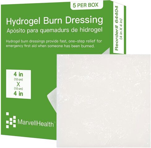 ضمادة مارفيل هيلث هيدروجيل للحروق مقاس 10.16 سم × 10.16 سم، عبوة من 5 وسادات معقمة فردية، استخدام الإسعافات الأولية، بارد، مهدئ، يحمي جميع الحروق، ناعم وقابل للتوافق in Kuwait