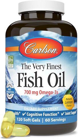 Carlson - The Very Finest Fish Oil, 700 mg Omega-3s, Norwegian Fish Oil Supplement, Wild Caught Omega 3 Fish Oil, Sustainably Sourced Fish Oil Capsules, Omega 3 Supplement, Lemon, 120 Softgels in Saudi Arabia