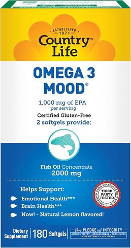 Country Life Omega 3 Mood، 2000 ملغ من زيت السمك مع EPA وDHA، 90 كبسولة هلامية، خالية من الغلوتين معتمدة in Saudi Arabia