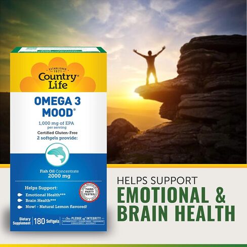 Country Life Omega 3 Mood، 2000 ملغ من زيت السمك مع EPA وDHA، 90 كبسولة هلامية، خالية من الغلوتين معتمدة in Saudi Arabia