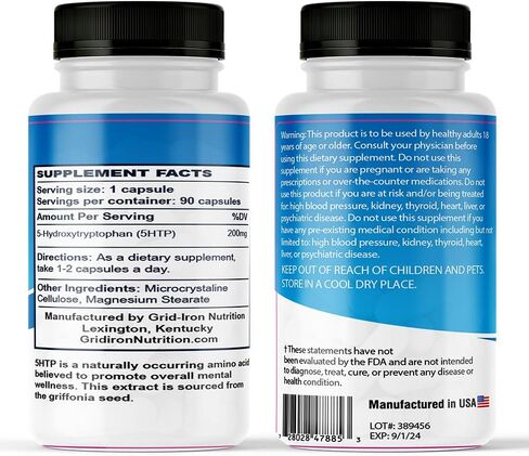 GRID-IRON NUTRITION 5-HTP 200 ملغ، 90 كبسولة (5-هيدروكسي تريبتوفان) - يدعم المزاج الهادئ والمريح - غير معدّل وراثيًا in Kuwait