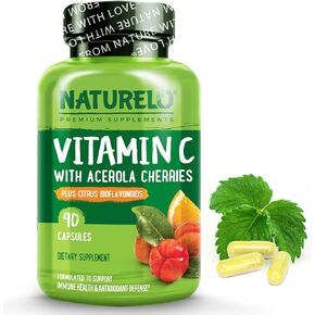فيتامين C من NATURELO مع مستخلص الكرز الهندي العضوي والبيوفلافونويدات الحمضية - مكمل نباتي - دعم المناعة - 500 مجم فيتامين C لكل غطاء - غير معدل وراثيًا - 180 كبسولة in Kuwait