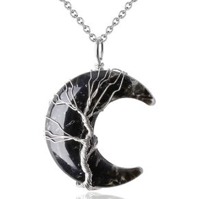 MAIBAOTA Healing Crystal Necklace Tree Life Wire Wrapped Crescent Moon Necklace Stone Pendant Necklaces Natural Reiki Spiritual Quartz Gemstone Hippie Witch Jewelry Gifts for Women