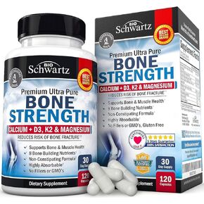 مكمل تقوية العظام مع الكالسيوم + د3، ك2 والمغنيسيوم - مزيج فيتامين عالي الامتصاص لدعم العظام والعضلات - تركيبة لا تسبب الإمساك - 8 مغذيات لبناء العظام - 120 كبسولة نباتية in Kuwait
