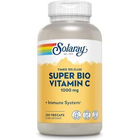 SOLARAY Super Bio Vitamin C 1000mg، مخزنة، كبسولات إطلاق الوقت مع بيوفلافونويدس، مرحلتين لامتصاص عالي ودعم المناعة طوال اليوم، نباتي، ضمان 60 يومًا، 125 حصة، 250 كبسولة نباتية in Saudi Arabia