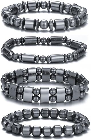 FUTIMELY 4 Pcs Black Hematite Bracelet Energy Elastic Magnet Stone Beaded Bracelet Natural Crystal Gemstone Hematite Magnet Stretch Bracelet Friendship Bracelet Couple Bracelet for Men Women in Kuwait