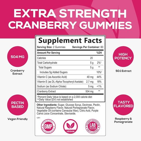 Cranberry Gummies - Urinary Tract Health Gummy + Vitamin C - 25,000mg - Triple Strength Cranberry Concentrate Extract Supplement Pills, Ultimate Potency, Non-GMO, Gluten Free - 60 Gummies in Saudi Arabia