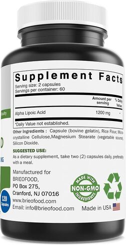 Brieofood Alpha Lipoic Acid 1200mg per Serving - 120 Capsules - Non-GMO, Gluten Free in Saudi Arabia