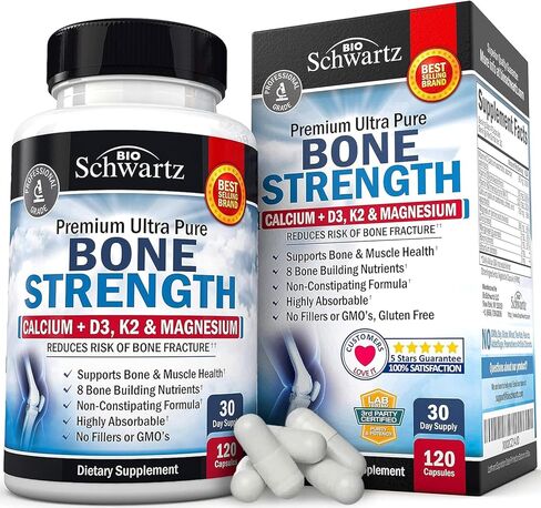مكمل تقوية العظام مع الكالسيوم + د3، ك2 والمغنيسيوم - مزيج فيتامين عالي الامتصاص لدعم العظام والعضلات - تركيبة لا تسبب الإمساك - 8 مغذيات لبناء العظام - 120 كبسولة نباتية in Kuwait