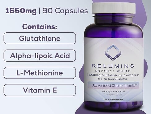 Relumins Advance White 1650mg 15x Glutathione Complex - نسخة محسنة مع حمض ألفا ليبويك وحمض الهيالورونيك - مكمل غذائي - 90 كبسولة نباتية in Kuwait