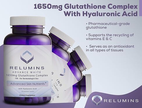 Relumins Advance White 1650mg 15x Glutathione Complex - نسخة محسنة مع حمض ألفا ليبويك وحمض الهيالورونيك - مكمل غذائي - 90 كبسولة نباتية in Kuwait