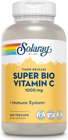 SOLARAY Super Bio Vitamin C 1000mg، مخزنة، كبسولات إطلاق الوقت مع بيوفلافونويدس، مرحلتين لامتصاص عالي ودعم المناعة طوال اليوم، نباتي، ضمان 60 يومًا، 125 حصة، 250 كبسولة نباتية in Saudi Arabia
