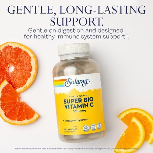 SOLARAY Super Bio Vitamin C 1000mg، مخزنة، كبسولات إطلاق الوقت مع بيوفلافونويدس، مرحلتين لامتصاص عالي ودعم المناعة طوال اليوم، نباتي، ضمان 60 يومًا، 125 حصة، 250 كبسولة نباتية in Saudi Arabia