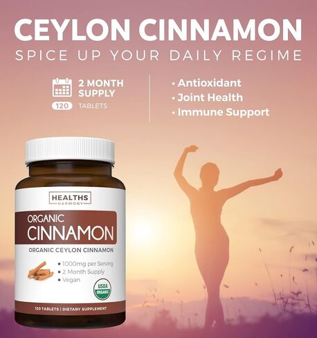 USDA Organic Ceylon Cinnamon (30 Tablets) 1000mg Cinnamon Quill Powder per Serving - Natural Cinnamon Supplements for Effective Metabolism, Cognative, Joint, Immune Support - (No Capsules or Pills) in Kuwait