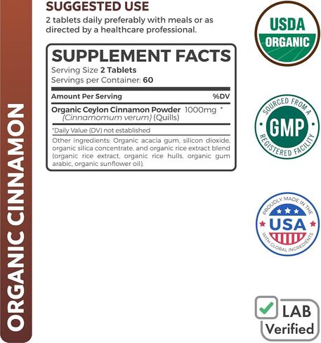 USDA Organic Ceylon Cinnamon (30 Tablets) 1000mg Cinnamon Quill Powder per Serving - Natural Cinnamon Supplements for Effective Metabolism, Cognative, Joint, Immune Support - (No Capsules or Pills) in Kuwait