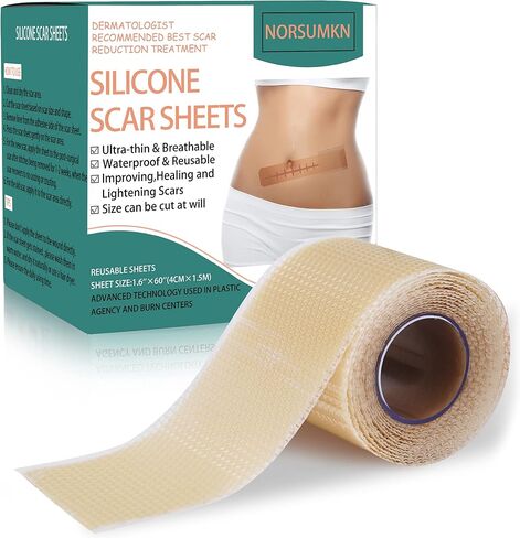 شريط ندبة من السيليكون من Norsumkn مقاس 1.6 × 60 بوصة، ورقة سيليكون قابلة لإعادة الاستخدام لعلاج الندبات وإزالة علامات التمدد وإزالة الوشم وإزالة الندبات غير المؤلمة للجراحة، القسم C، حب الشباب، الجدرة in Kuwait