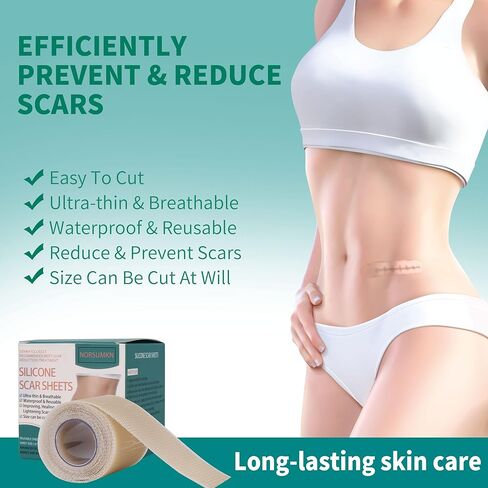 شريط ندبة من السيليكون من Norsumkn مقاس 1.6 × 60 بوصة، ورقة سيليكون قابلة لإعادة الاستخدام لعلاج الندبات وإزالة علامات التمدد وإزالة الوشم وإزالة الندبات غير المؤلمة للجراحة، القسم C، حب الشباب، الجدرة in Kuwait