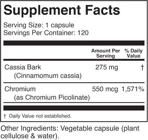 العناصر الغذائية النشطة بيولوجيًا CinnaChrom - مكمل غذائي - بيكولينات الكروم، كبسولات القرفة - مكونات طبيعية للقوة والصحة العامة - مكمل نباتي، خالي من الغلوتين، 120 كبسولة in Kuwait