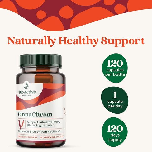 العناصر الغذائية النشطة بيولوجيًا CinnaChrom - مكمل غذائي - بيكولينات الكروم، كبسولات القرفة - مكونات طبيعية للقوة والصحة العامة - مكمل نباتي، خالي من الغلوتين، 120 كبسولة in Kuwait