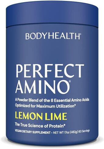 BodyHealth PerfectAmino Powder Lemon Lime (60 حصة) أفضل مشروب للتعافي قبل/بعد التمرين، 8 أحماض أمينية أساسية مكملة للطاقة مع 50% BCAAs، 100% عضوي، 99% استخدام in Kuwait