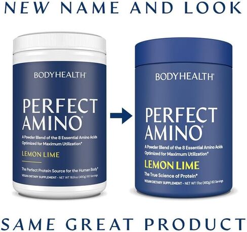 BodyHealth PerfectAmino Powder Lemon Lime (60 حصة) أفضل مشروب للتعافي قبل/بعد التمرين، 8 أحماض أمينية أساسية مكملة للطاقة مع 50% BCAAs، 100% عضوي، 99% استخدام in Kuwait