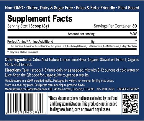 BodyHealth PerfectAmino Powder Lemon Lime (60 حصة) أفضل مشروب للتعافي قبل/بعد التمرين، 8 أحماض أمينية أساسية مكملة للطاقة مع 50% BCAAs، 100% عضوي، 99% استخدام in Kuwait