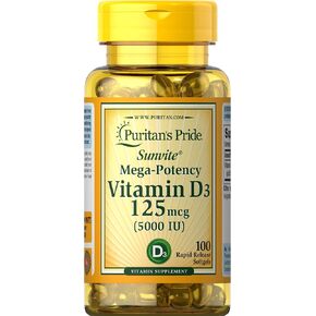 Puritan's Pride Vitamin D3 Mega Potency 5000 IU Bolsters Immune Health System Support and Healthy Bones & Teeth, Unflovored, 100 Count in Saudi Arabia