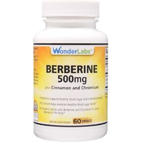 Wonder Laboratories Berberine HCL 500mg + صيانة القرفة والكروم للجلوكوز والتمثيل الغذائي وصحة القلب والجهاز المناعي وخالية من الغلوتين والكائنات المعدلة وراثيًا - 120 كبسولة