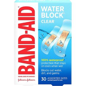 Band-Aid Brand Water Block Clear Waterproof Sterile Adhesive Bandages for First-Aid Wound Care of Minor Cuts and Scrapes, Assorted Sizes, 30 ct