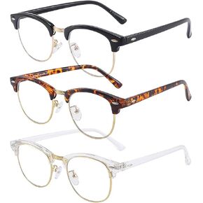 3 Pack Blue Light Blocking Glasses,Computer Gaming Glasses,Retro Semi Rimless UV400 Clear Lens Computer Eyewear For Men/Women (Bright black gold/Amber gold/Crystal gold)