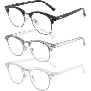 3 Pack Blue Light Blocking Glasses,Computer Gaming Glasses,Retro Semi Rimless UV400 Clear Lens Computer Eyewear For Men/Women (Bright black gold/Amber gold/Crystal gold) in Kuwait