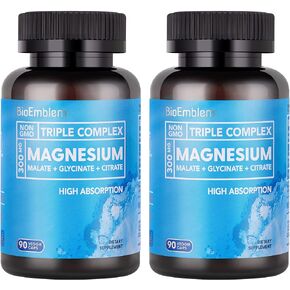 BioEmblem High Absorption Triple Magnesium Complex 300mg | Magnesium Glycinate for Nerves, Magnesium Malate for Energy, Magnesium Supplement to Support Muscle Health | Vegan, Non-GMO 180 Capsules