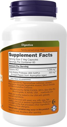 NOW Supplements, Betaine HCl 648 mg, Vegetarian Formula, Digestive Support*, 120 Veg Capsules in Kuwait
