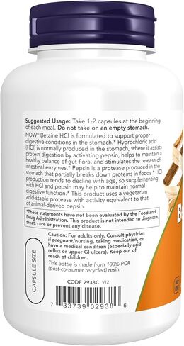 NOW Supplements, Betaine HCl 648 mg, Vegetarian Formula, Digestive Support*, 120 Veg Capsules in Kuwait