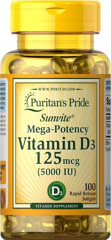 Puritan's Pride Vitamin D3 Mega Potency 5000 IU Bolsters Immune Health System Support and Healthy Bones & Teeth, Unflovored, 100 Count in Saudi Arabia
