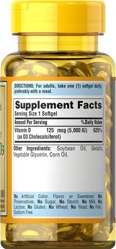 Puritan's Pride Vitamin D3 Mega Potency 5000 IU Bolsters Immune Health System Support and Healthy Bones & Teeth, Unflovored, 100 Count in Saudi Arabia