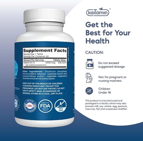 Kaitamin Vegetarian Vitamin B12 Supplement Methylcobalamin 5000mcg for Memory, Mood, Metabolism, and Energy Support, 3 Months' Supply in Kuwait