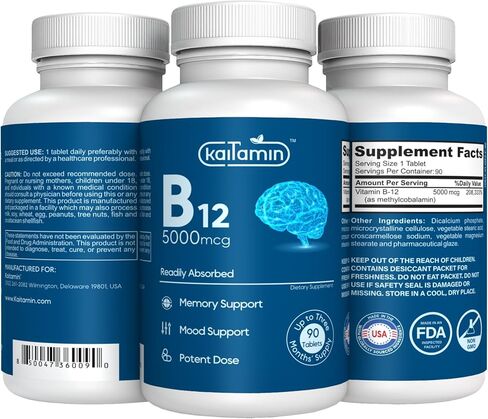 Kaitamin Vegetarian Vitamin B12 Supplement Methylcobalamin 5000mcg for Memory, Mood, Metabolism, and Energy Support, 3 Months' Supply in Kuwait