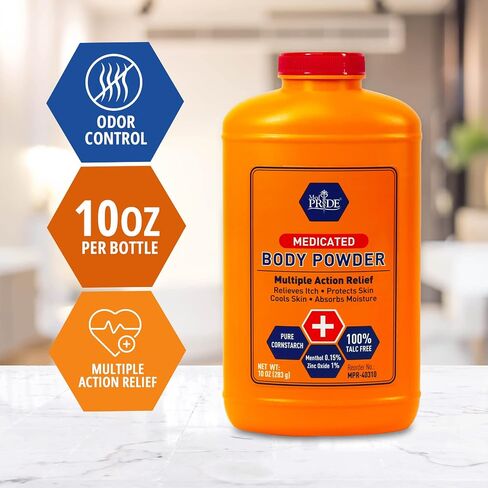 MED PRIDE Medicated Body Powder 100% Talc-Free - Absorbent Pure Cornstarch Anti-Itch Powder with Zinc Oxide- Cooling Body Dusting Powder for Moisture and Sweat Control, Rash & Itch - 10oz in Saudi Arabia