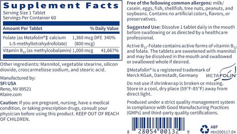 معينات Klaire Labs النشطة B12-Folate - مكمل فيتامين B12 (ميثيل كوبالامين) مع ميثيل فولات - دعم المزاج والطاقة قرص ميثيل B-12 - مذاق رائع (60 قرصًا قابلاً للذوبان) in Saudi Arabia