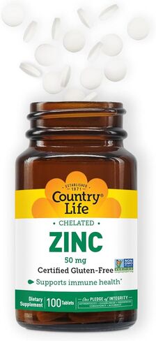 Country Life Zinc 50mg، خلات الأحماض الأمينية، 100 قرص، معتمد خالي من الغلوتين، نباتي معتمد، تم التحقق من عدم وجود كائنات معدلة وراثيًا in Saudi Arabia