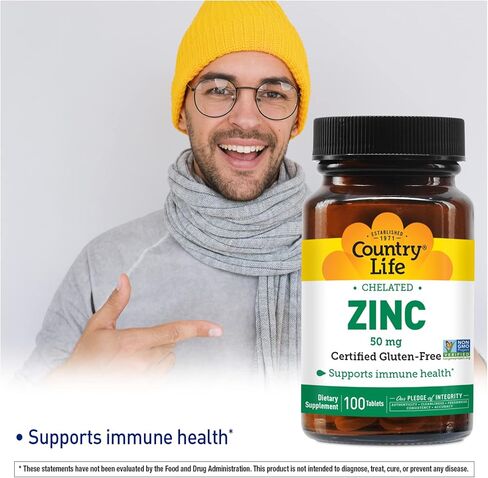 Country Life Zinc 50mg، خلات الأحماض الأمينية، 100 قرص، معتمد خالي من الغلوتين، نباتي معتمد، تم التحقق من عدم وجود كائنات معدلة وراثيًا in Saudi Arabia