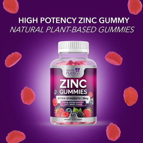 Zinc Vitamin Gummies 50mg, Max Strength Immune Support for Adults, Zinc Supplement Gummy for Beautiful Skin and Immune Health Support, Nature’s Antioxidant Supplement, Vegan, Non-GMO - 60 Gummies in Kuwait