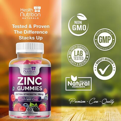 Zinc Vitamin Gummies 50mg, Max Strength Immune Support for Adults, Zinc Supplement Gummy for Beautiful Skin and Immune Health Support, Nature’s Antioxidant Supplement, Vegan, Non-GMO - 60 Gummies in Kuwait